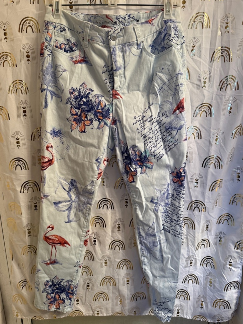 Chico's White Pants with Blue Script and Coral Accent